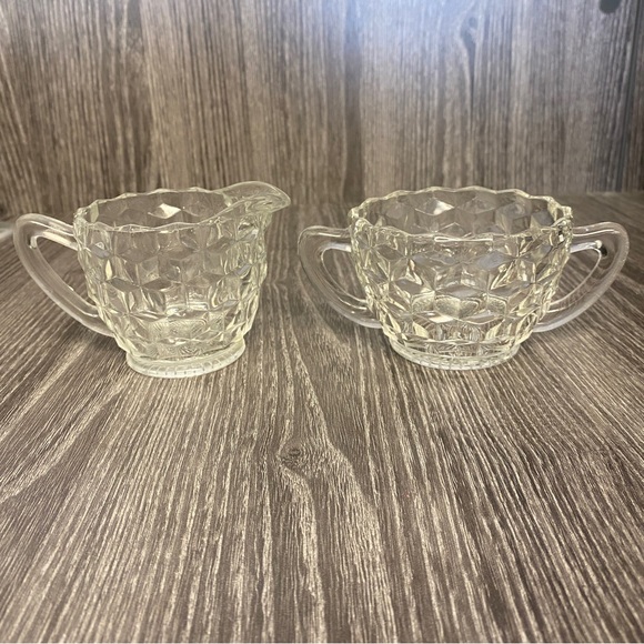 Vintage Jeanette Glass Co. Cubist Pattern Clear Glass Creamer And Sugar Bowl - Picture 1 of 10